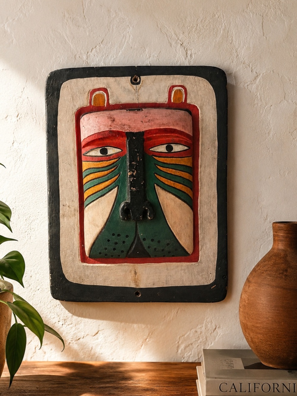 Vintage Hand Carved Tribal Mask Wood Wall Art Folk Decor green red wall hanging
